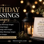 Happy birthday blessing text over a candle-lit birthday cake photo
