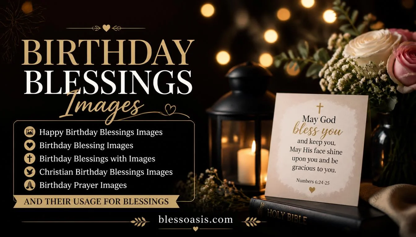 Happy birthday blessing text over a candle-lit birthday cake photo