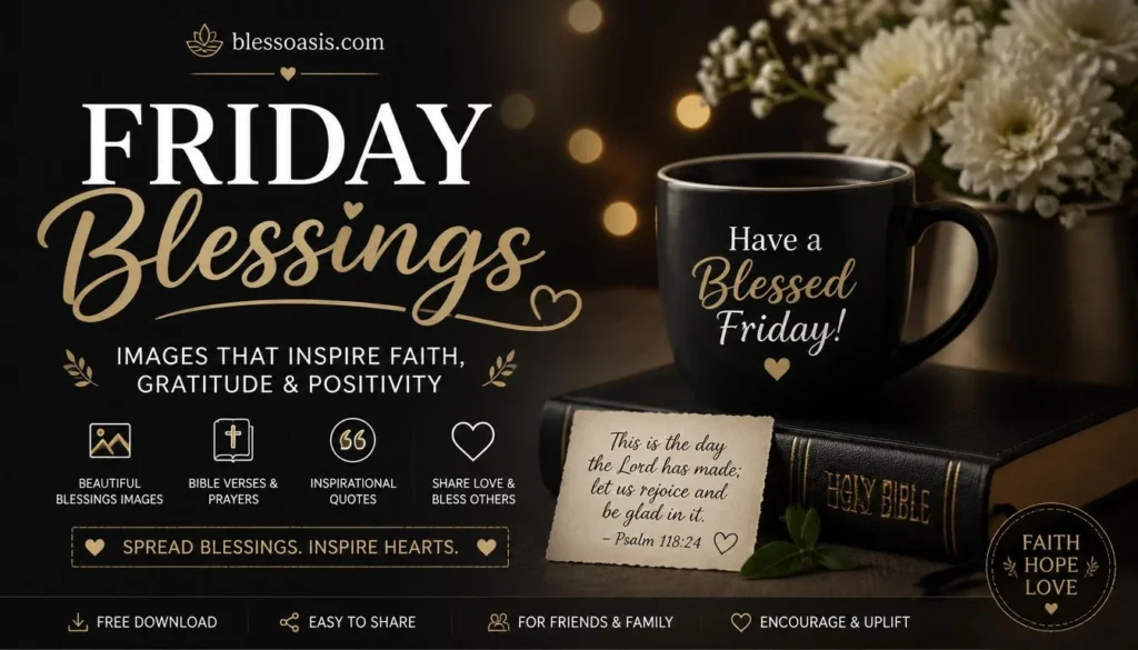 Happy Friday blessing image with sunrise background and short caption