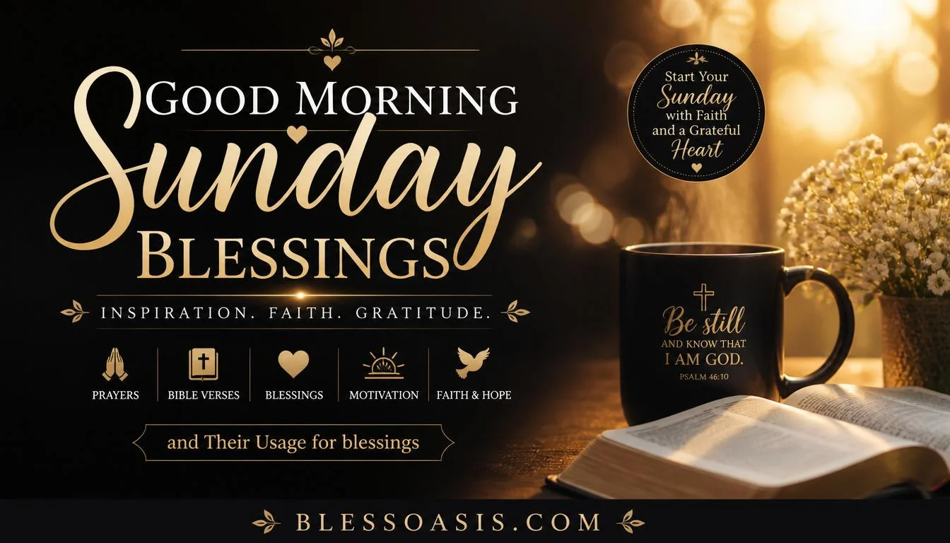 Good morning Sunday blessing with soft sunrise light and open Bible