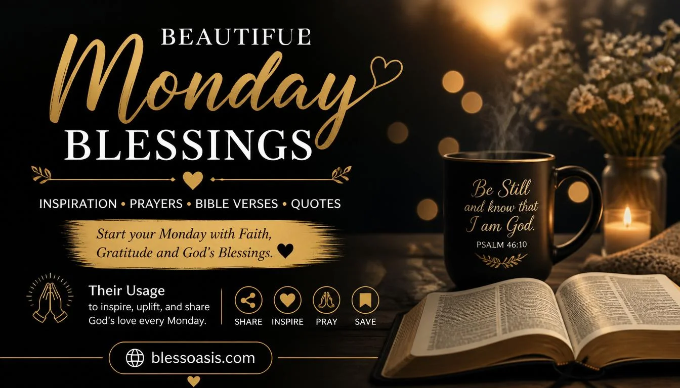 Good morning Monday blessing over a warm sunrise with coffee cup