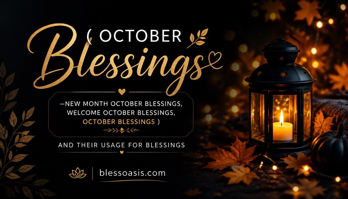 "Warm October blessings text over golden autumn leaves background"