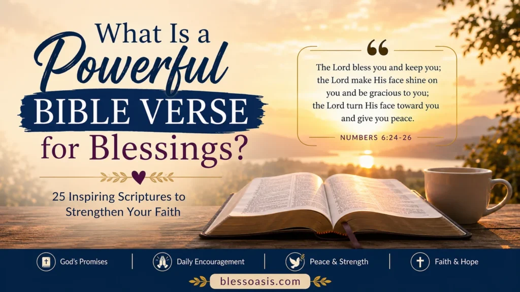 Family praying together while reading blessing Bible verses.
